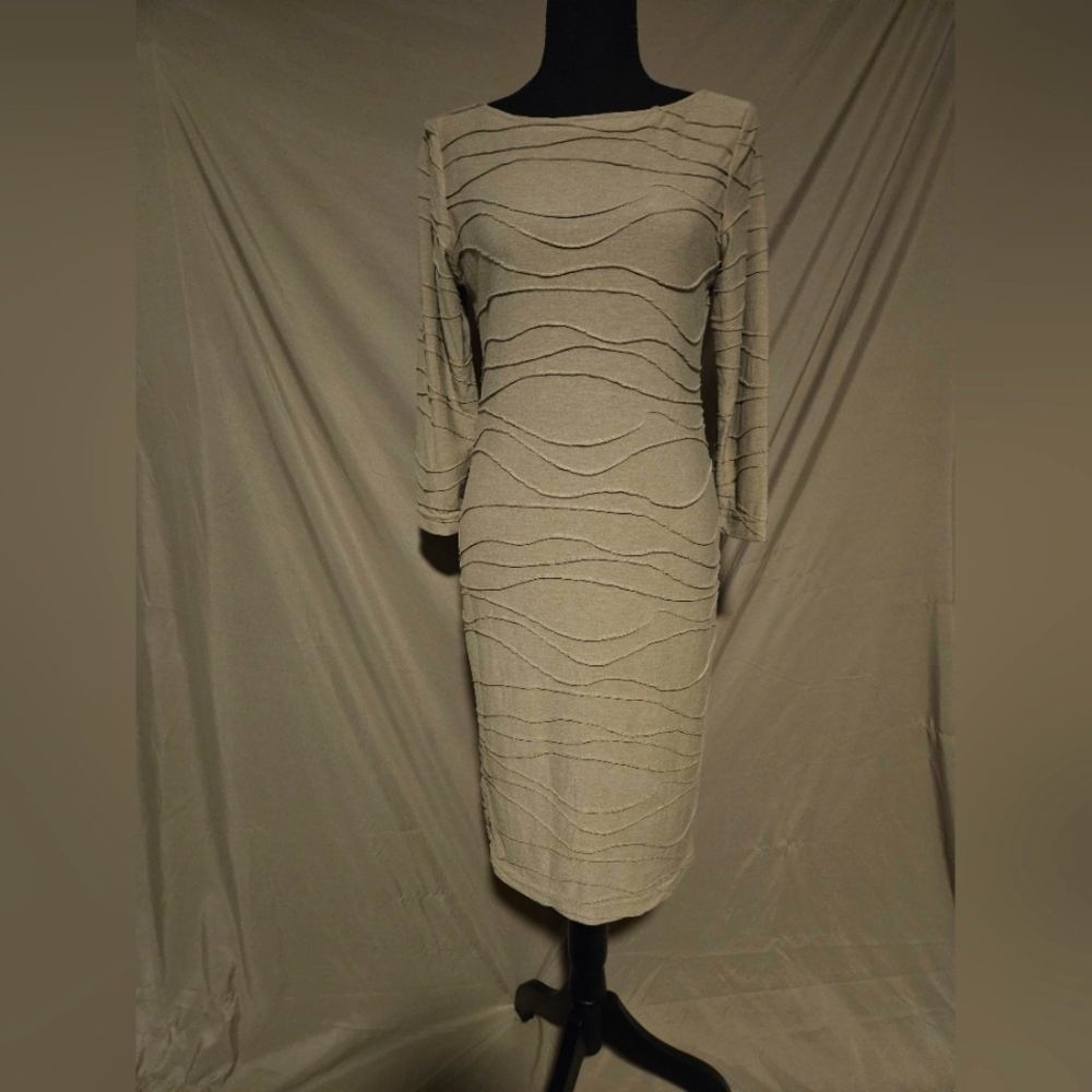 Sharagano Cream Sheath Cocktail Dress Long Sleeve Bateau Neckline